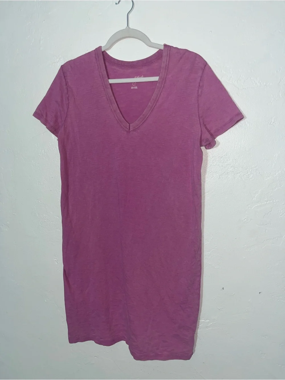 T Shirt Dress 100% Cotton Heathered Pink V Neck Heather Short Sleeve Basic Solid